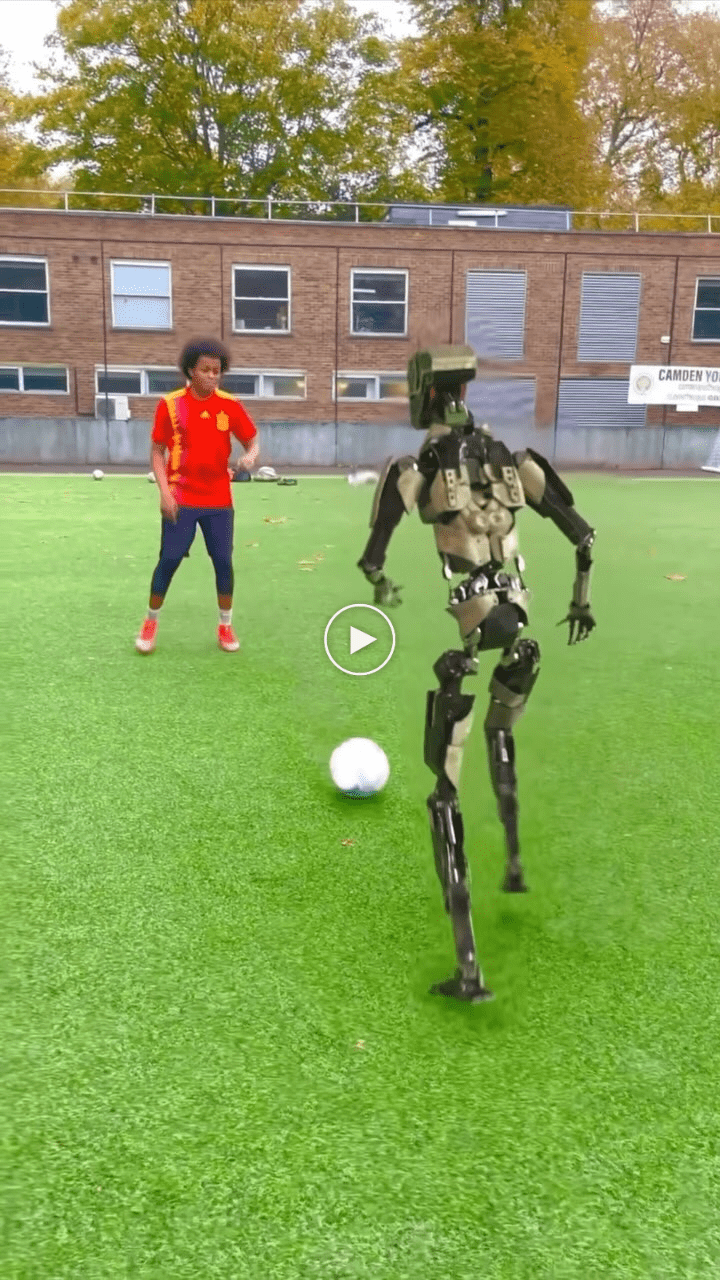Una ilustración que muestra un vídeo de un robot jugando el futbol generado con IA.